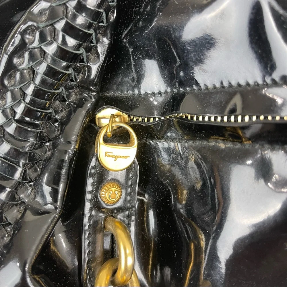 Salvatore Ferragamo Large Patent Leather Braided Handle Lock Hardware Ho…